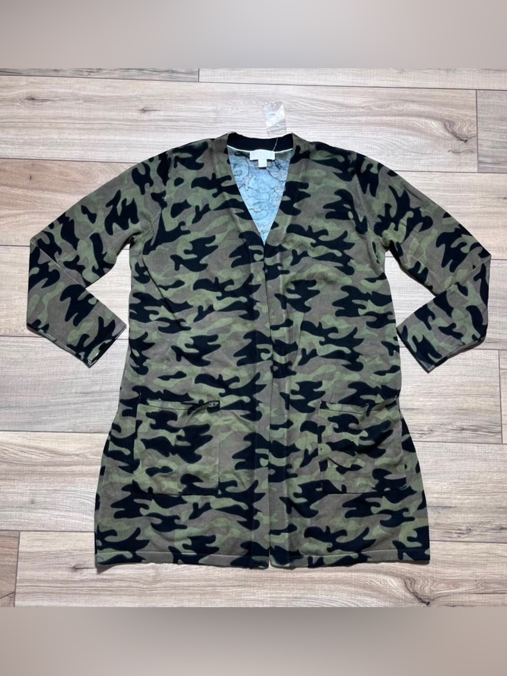 Belle by Kim Gravel Womens Camo Print Open Front Cardigan Size M Green‎ Black